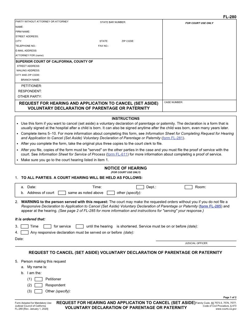 Request For Hearing And Application To Cancel (Set Aside) Voluntary Declaration {FL-280} | Pdf Fpdf Doc Docx | California