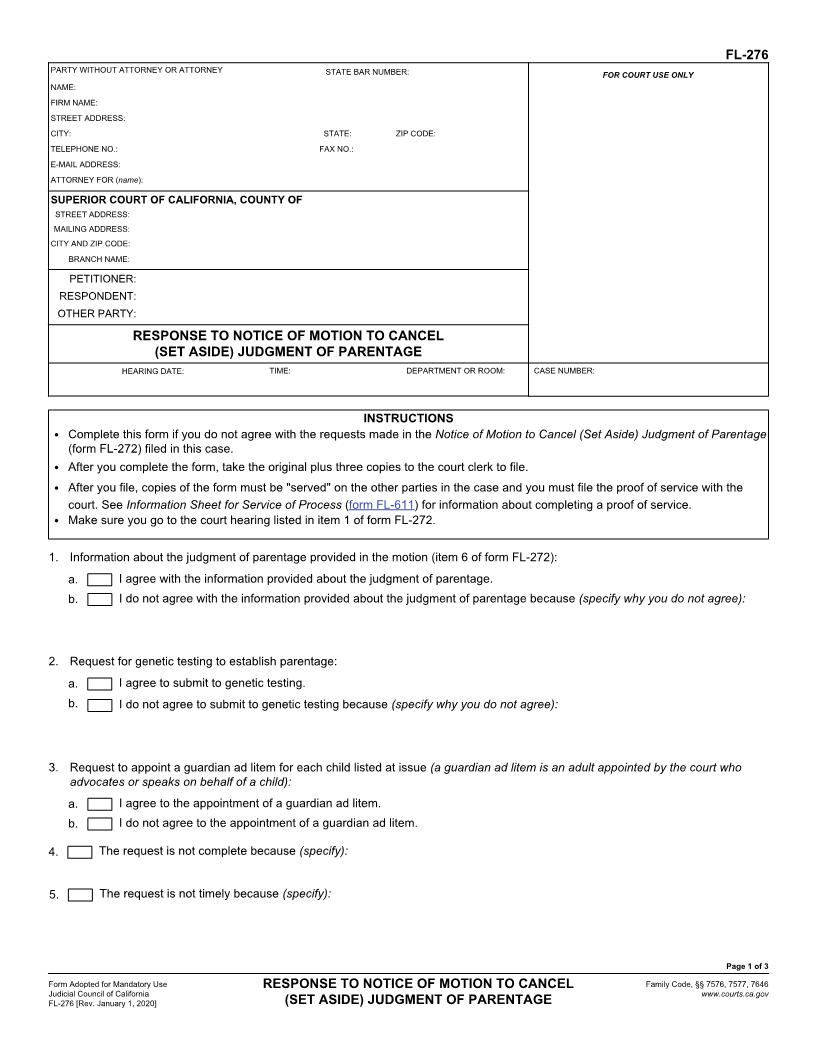 Response To Notice Of Motion To Cancel (Set Aside) Judgment {FL-276} | Pdf Fpdf Doc Docx | California