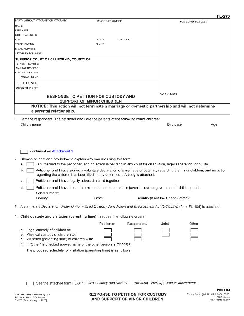 Response To Petition For Custody And Support Of Minor Children {FL-270} | Pdf Fpdf Doc Docx | California