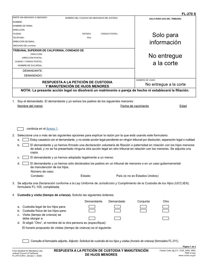 Response To Petition For Custody And Support Of Minor Children (Spanish) {FL-270 S} | Pdf Fpdf Docx | California