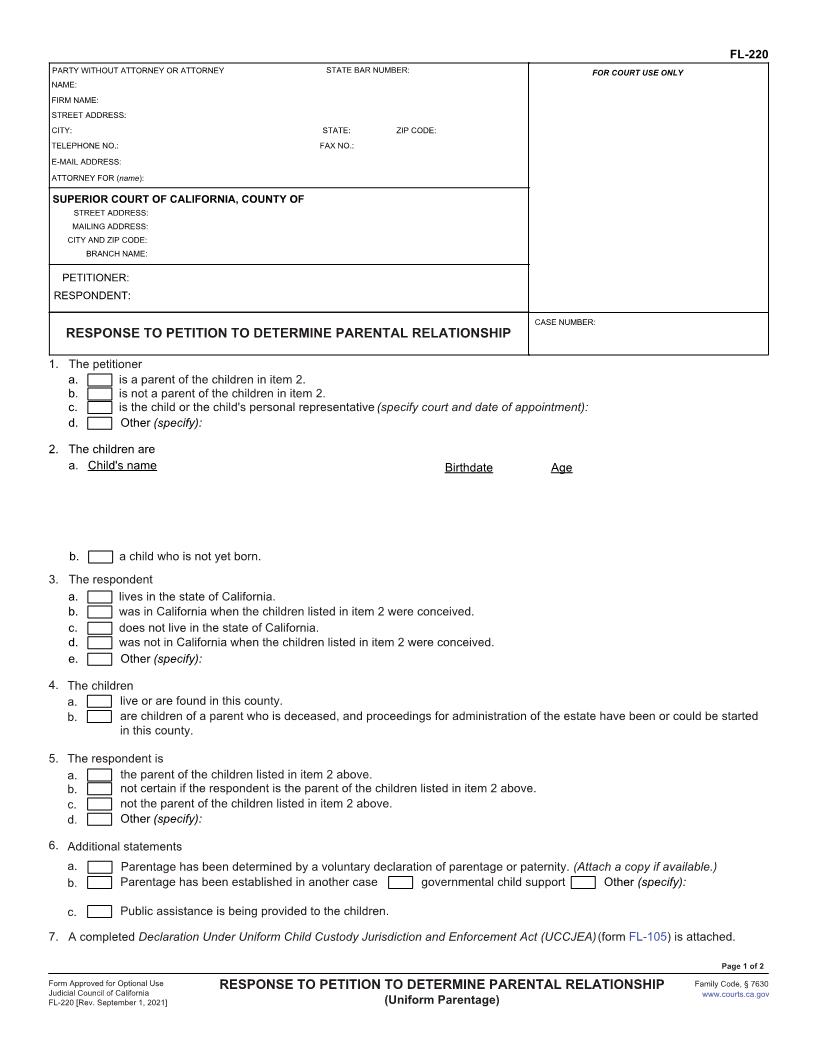Response To Petition To Determine Parental Relationship (Uniform Parentage) {FL-220} | Pdf Fpdf Docx | California