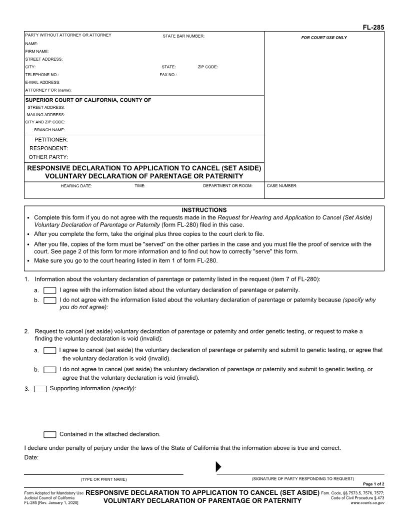 Responsive Declaration To Application To Cancel (Set Aside) Voluntary Declaration {FL-285} | Pdf Fpdf Doc Docx | California