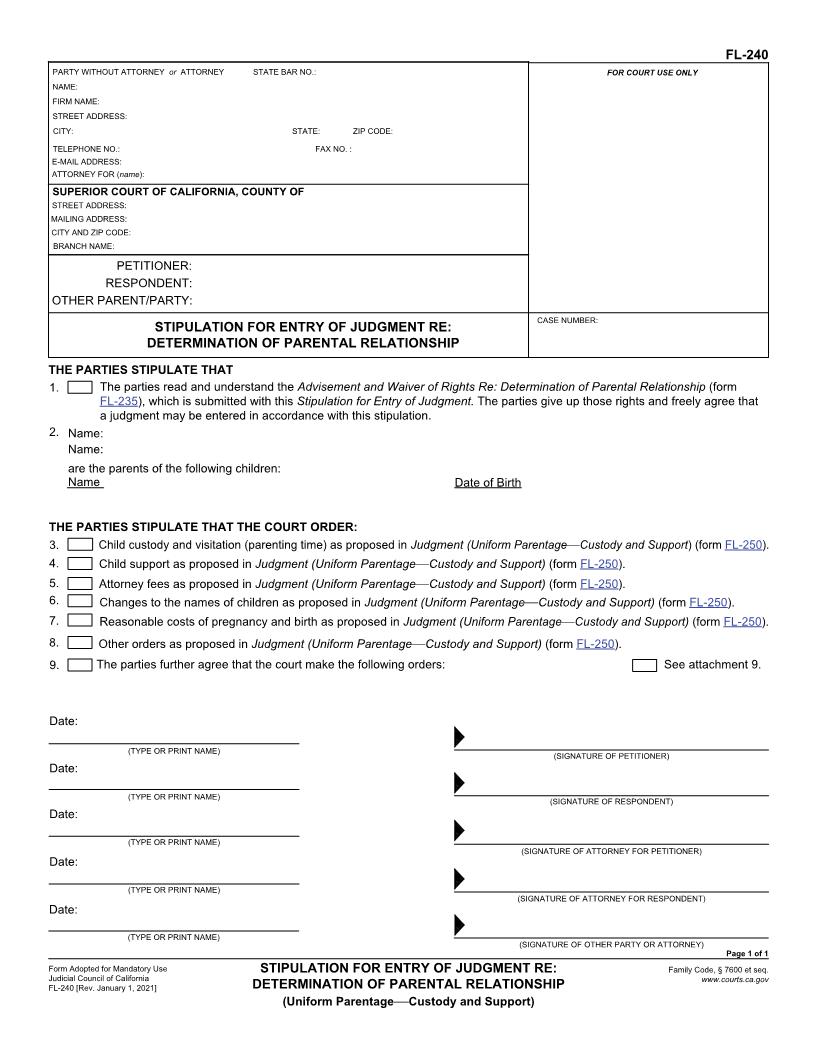 Stipulation For Entry Of Judgment Re Establishment Of Parental Relationship {FL-240} | Pdf Fpdf Doc Docx | California