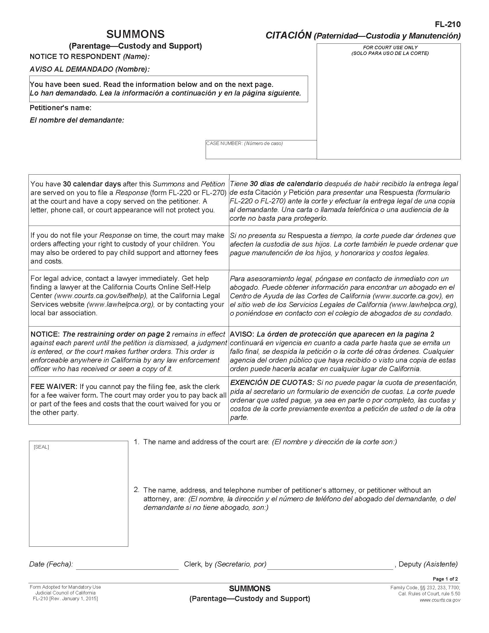 Summons {FL-210} | Pdf Fpdf Doc Docx | California