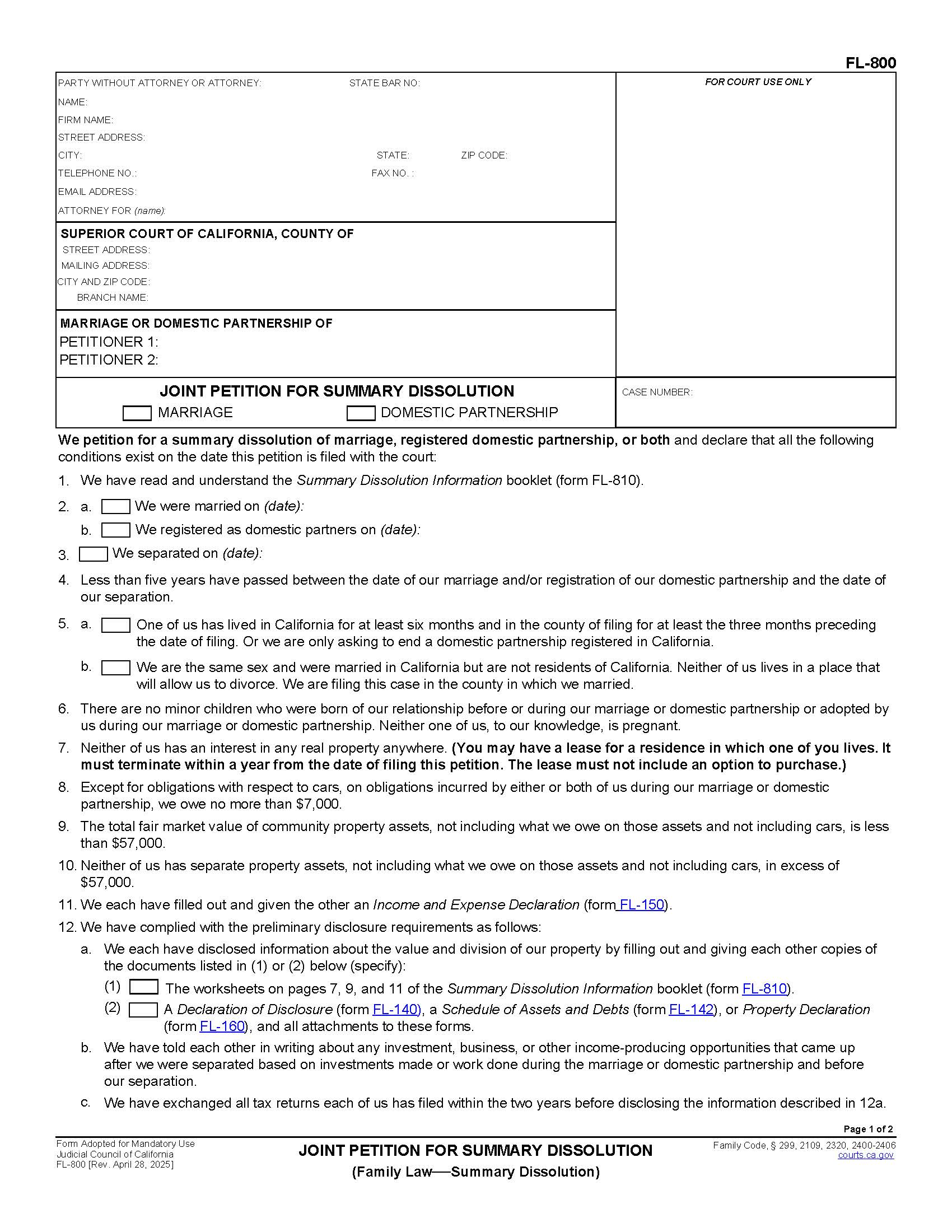 Joint Petition For Summary Dissolution {FL-800} | Pdf Fpdf Docx | California