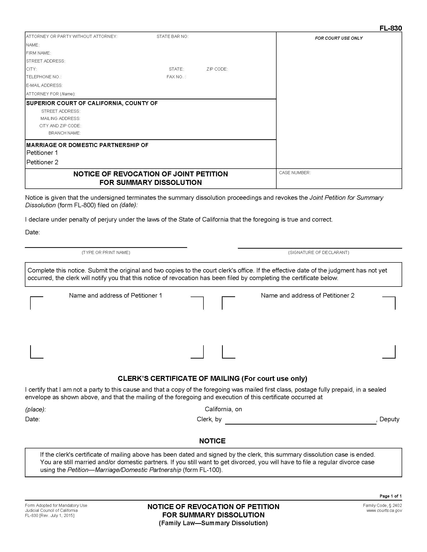 Notice Of Revocation Of Joint Petition For Summary Dissolution {FL-830} | Pdf Fpdf Doc Docx | California
