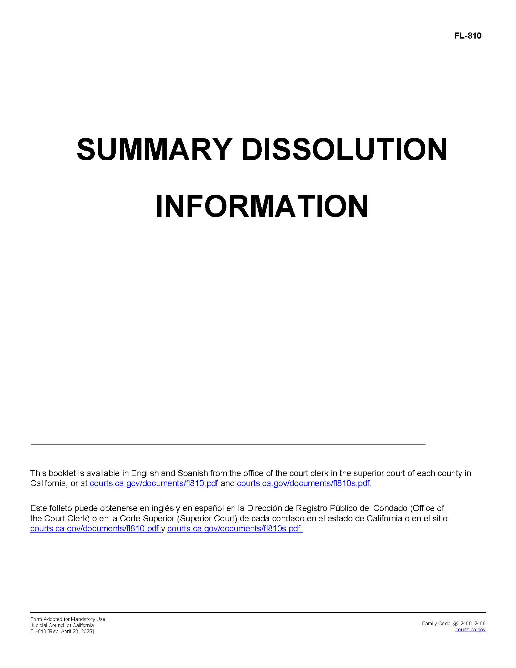 Summary Dissolution Information {FL-810} | Pdf Fpdf Docx | California