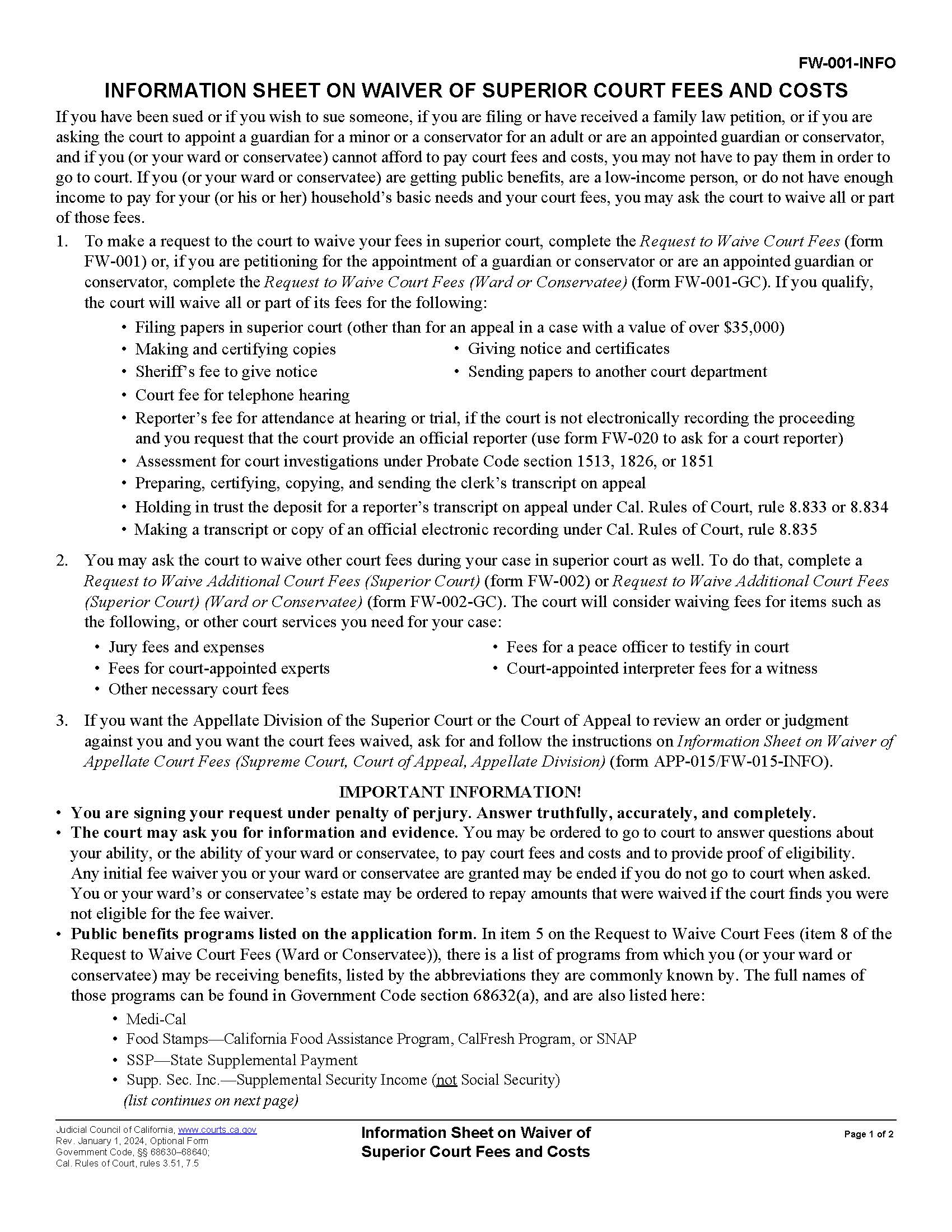 Information Sheet On Waiver Of Superior Court Fees And Costs {FW-001-INFO} | Pdf Fpdf Docx | California