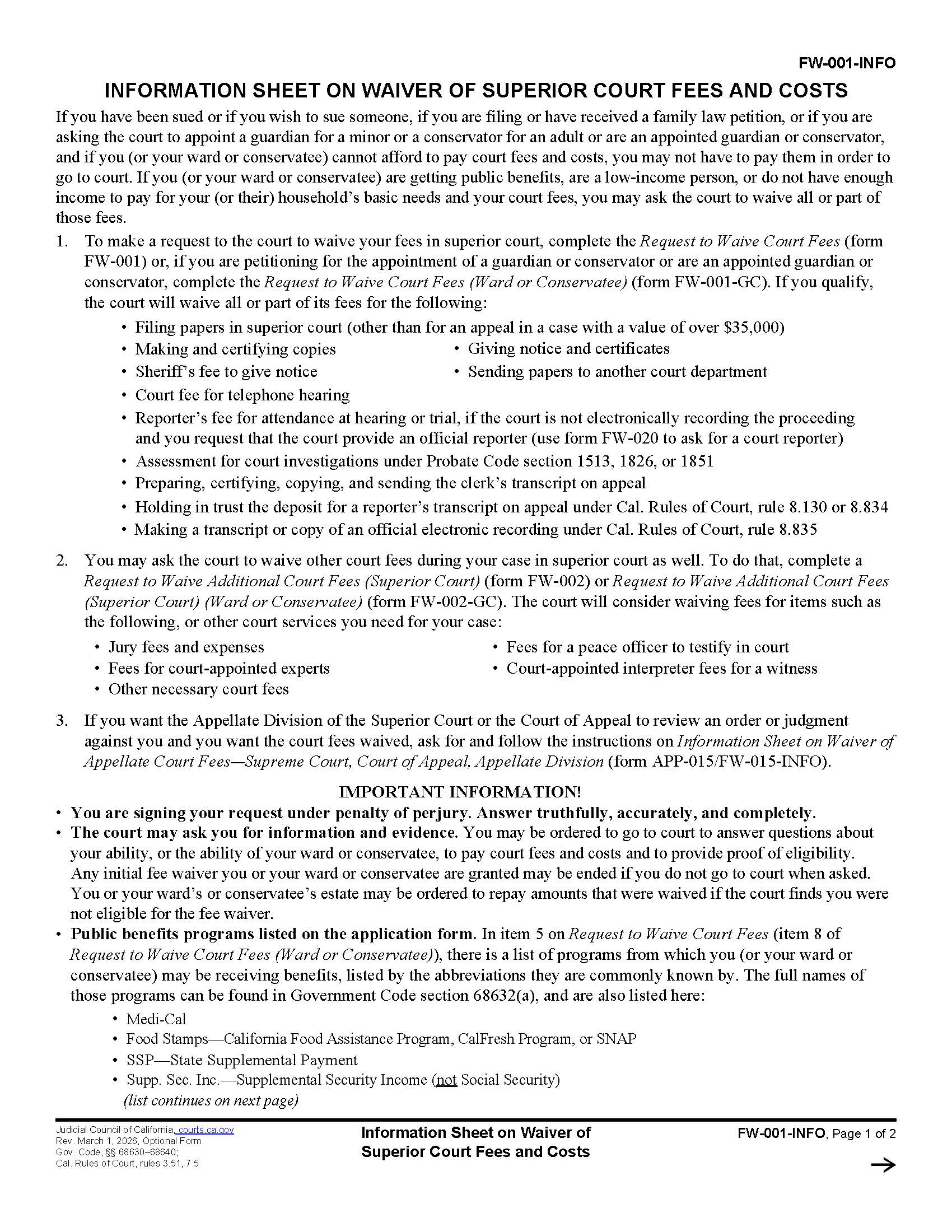 Information Sheet On Waiver Of Superior Court Fees And Costs {FW-001-INFO} | Pdf Fpdf Docx | California