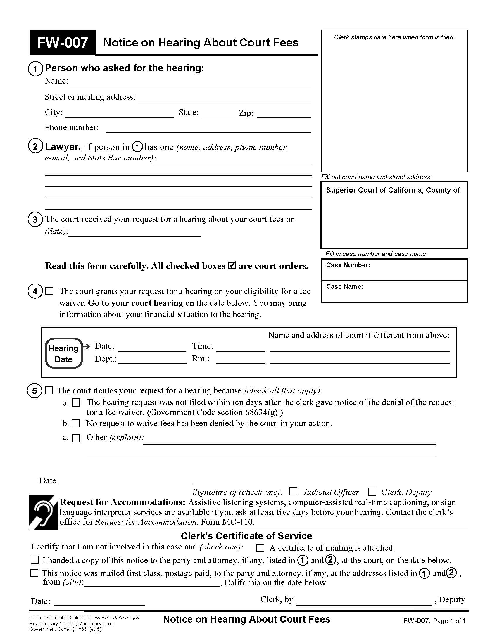 Notice On Hearing About Court Fees {FW-007} | Pdf Fpdf Doc Docx | California