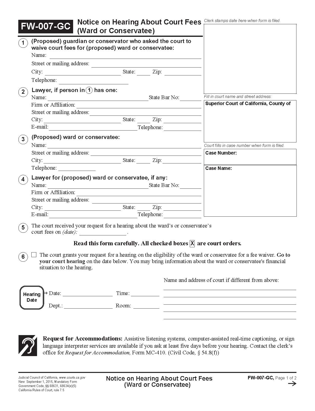 Notice On Hearing About Court Fees (Ward Or Conservatee) {FW-007-GC} | Pdf Fpdf Doc Docx | California