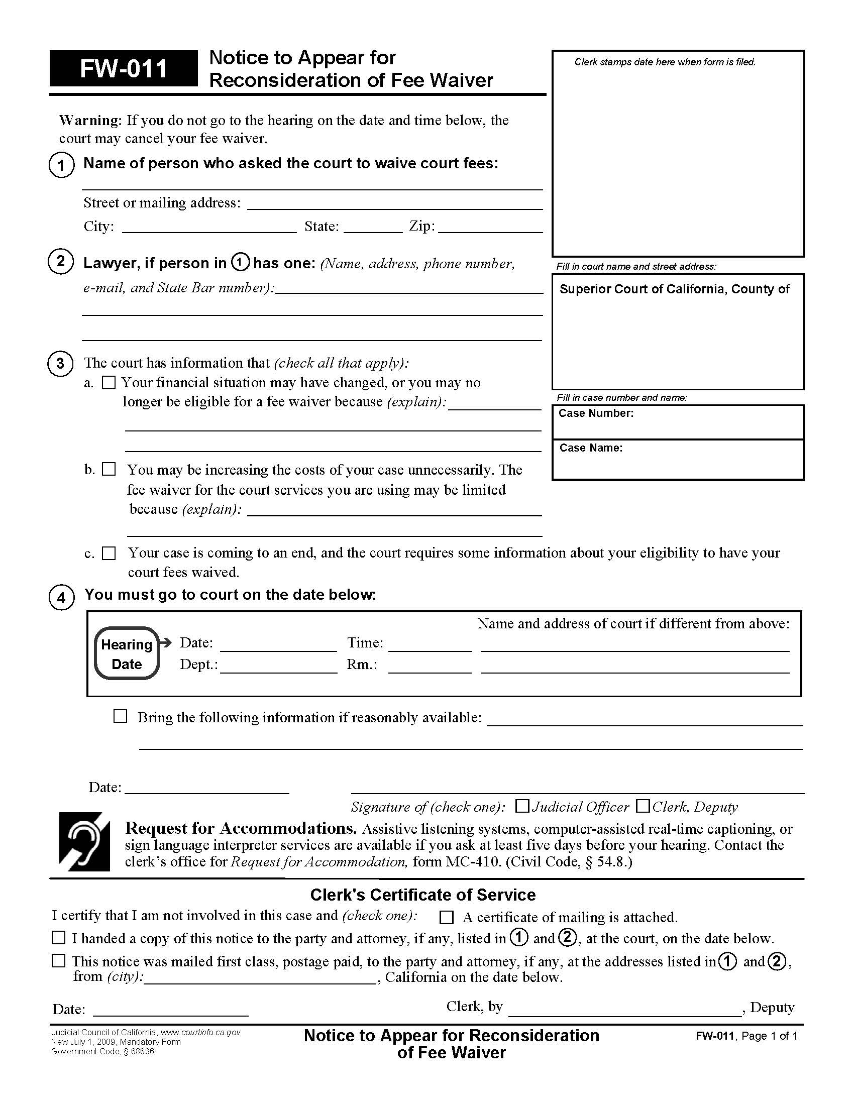 Notice To Appear For Reconsideration Of Fee Waiver {FW-011} | Pdf Fpdf Doc Docx | California