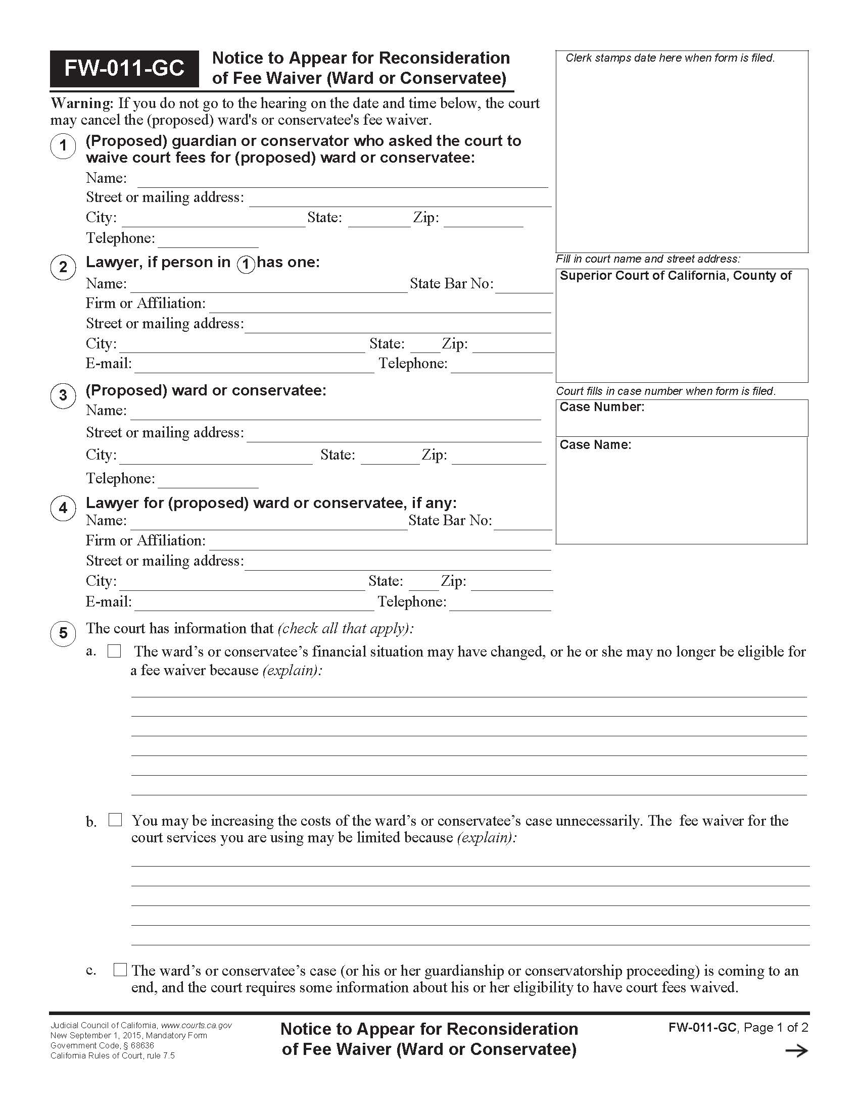 Notice To Appear For Reconsideration Of Fee Waiver (Ward Or Conservatee) {FW-011-GC} | Pdf Fpdf Doc Docx | California