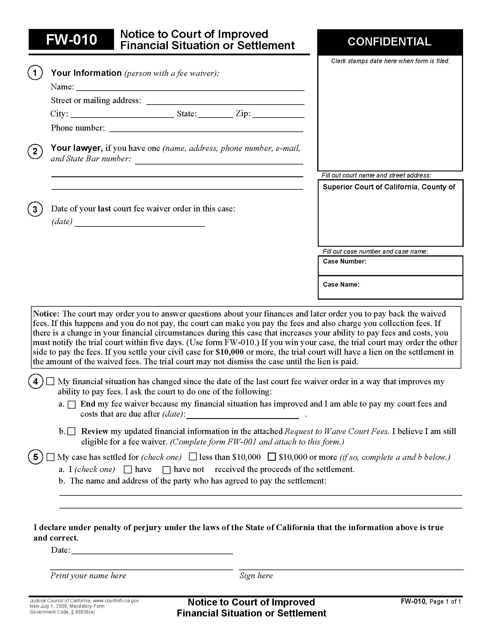 Notice To Court Of Improved Financial Situation Or Settlement {FW-010} | Pdf Fpdf Doc Docx | California