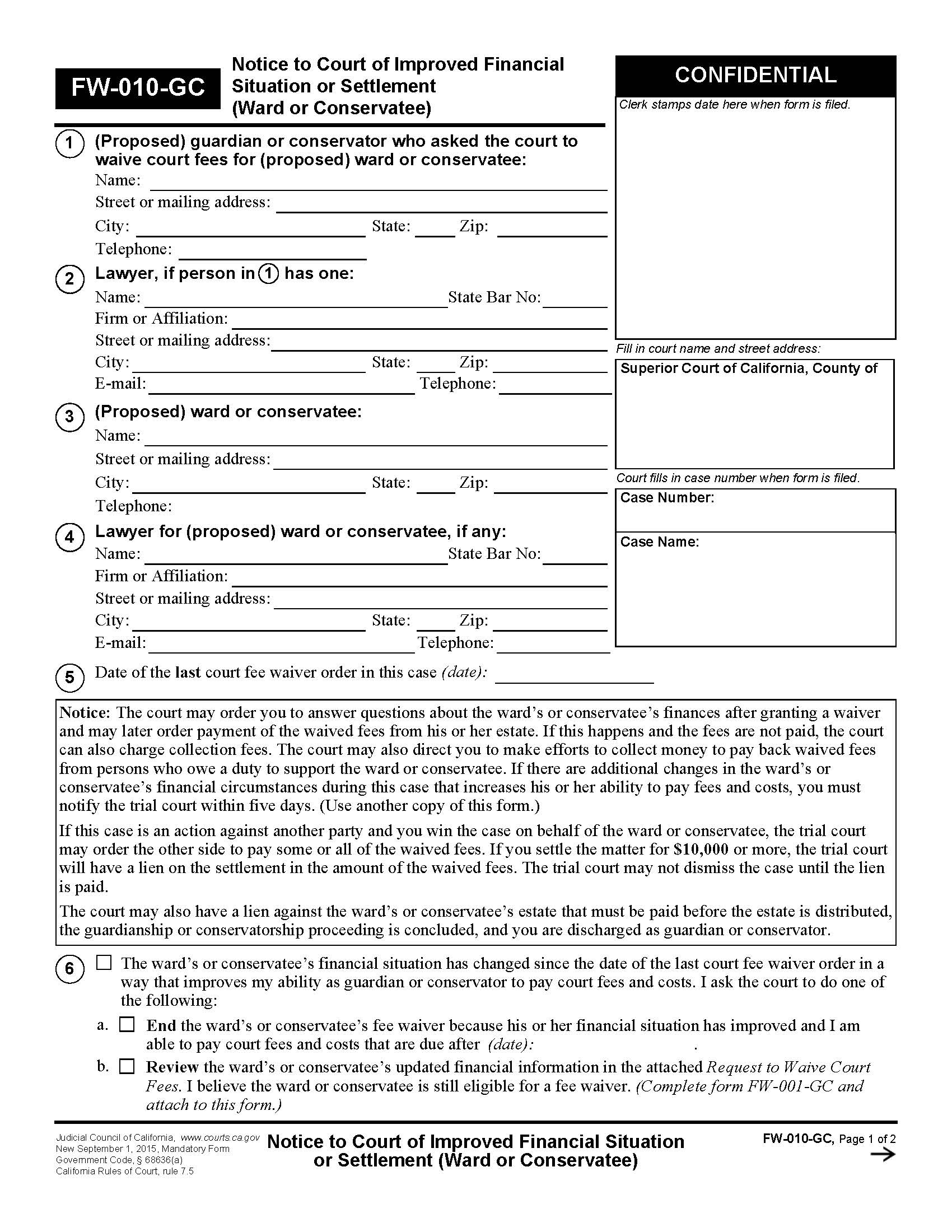 Notice To Court Of Improved Financial Situation Or Settlement {FW-010-GC} | Pdf Fpdf Doc Docx | California