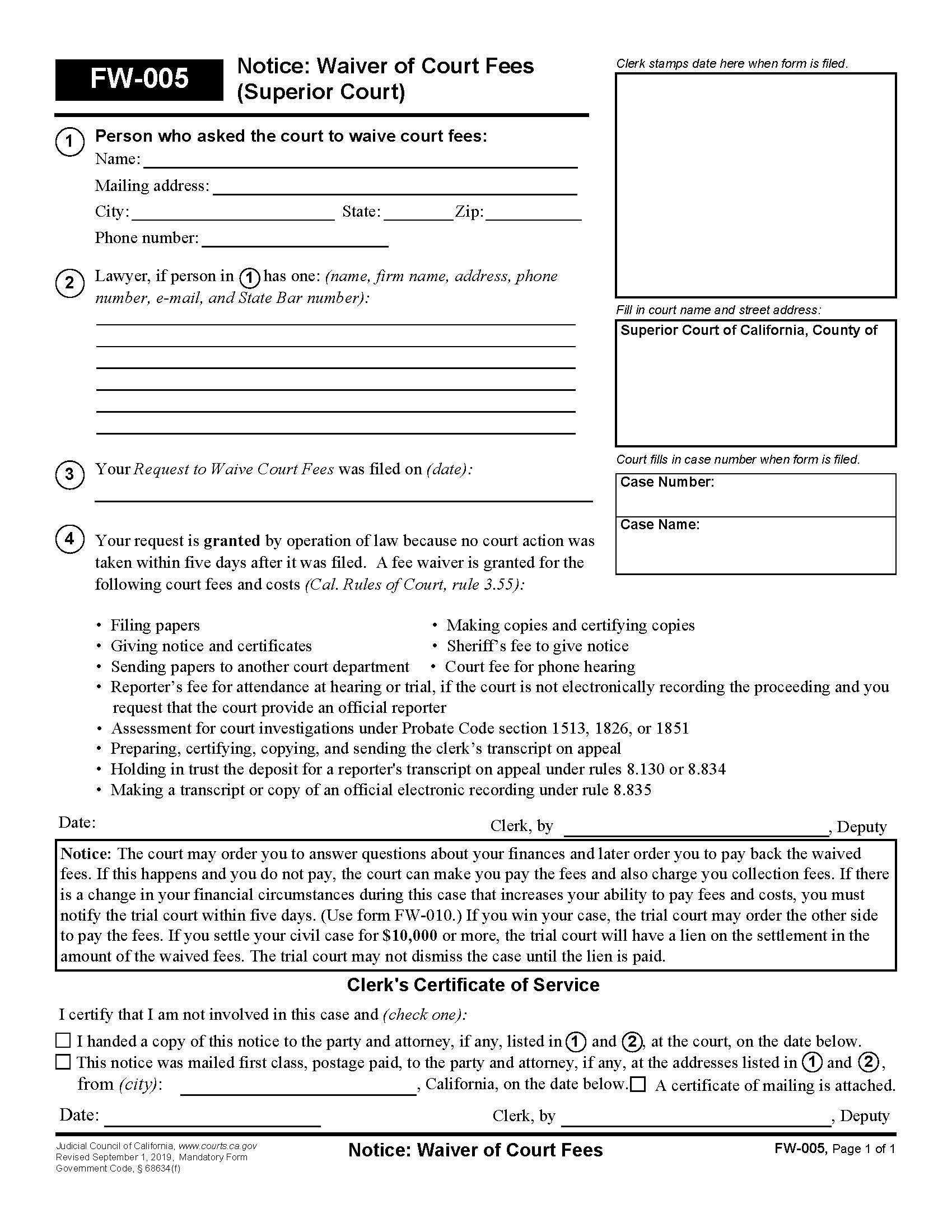 Notice Waiver Of Court Fees (Superior Court) {FW-005} | Pdf Fpdf Docx | California