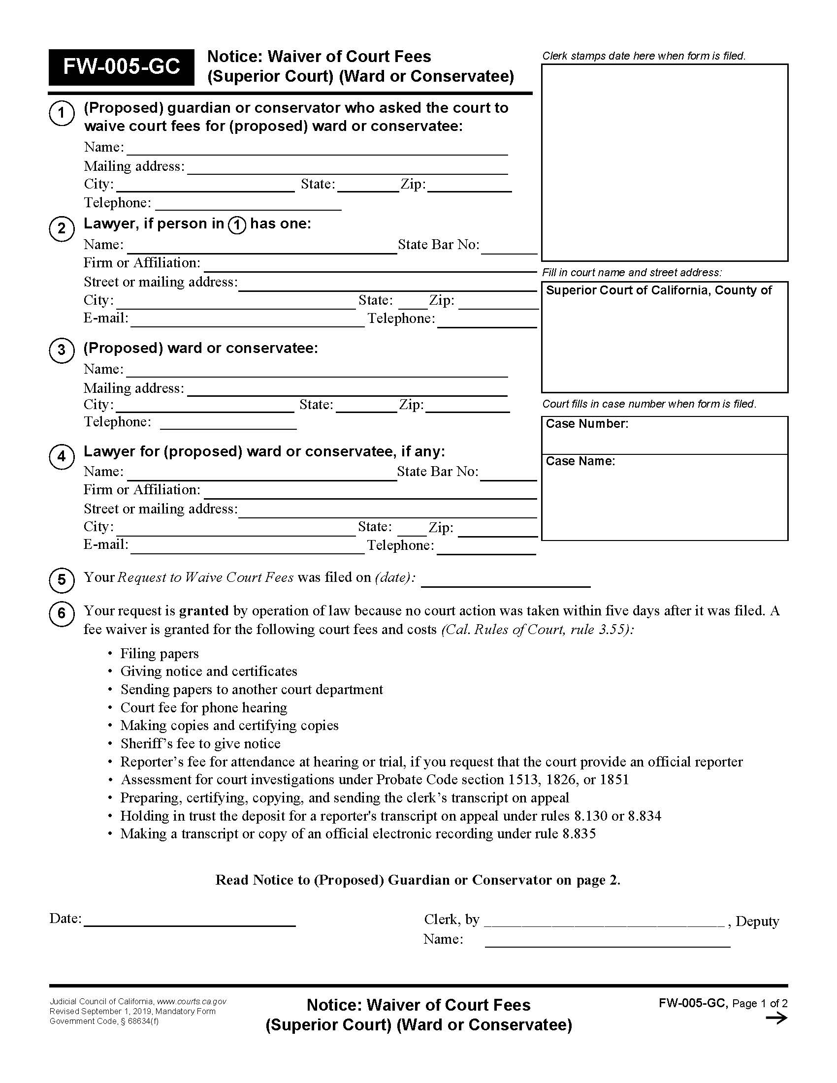Notice Waiver Of Court Fees (Superior Court) (Ward Or Conservatee) {FW-005-GC} | Pdf Fpdf Docx | California