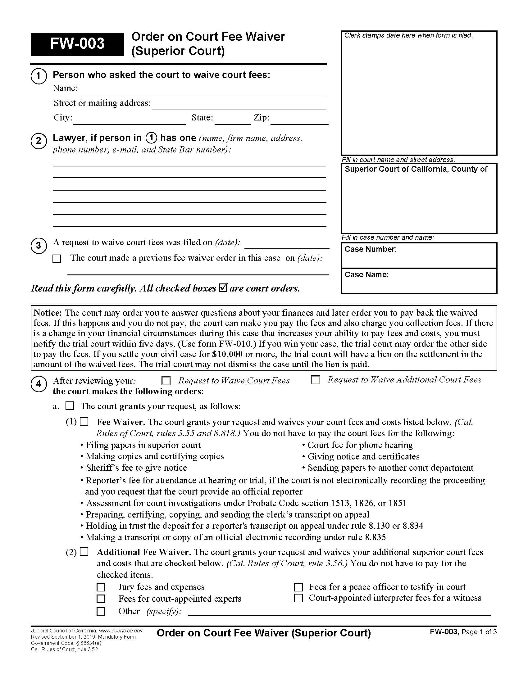 Order On Court Fee Waiver (Superior Court) {FW-003} | Pdf Fpdf Docx | California