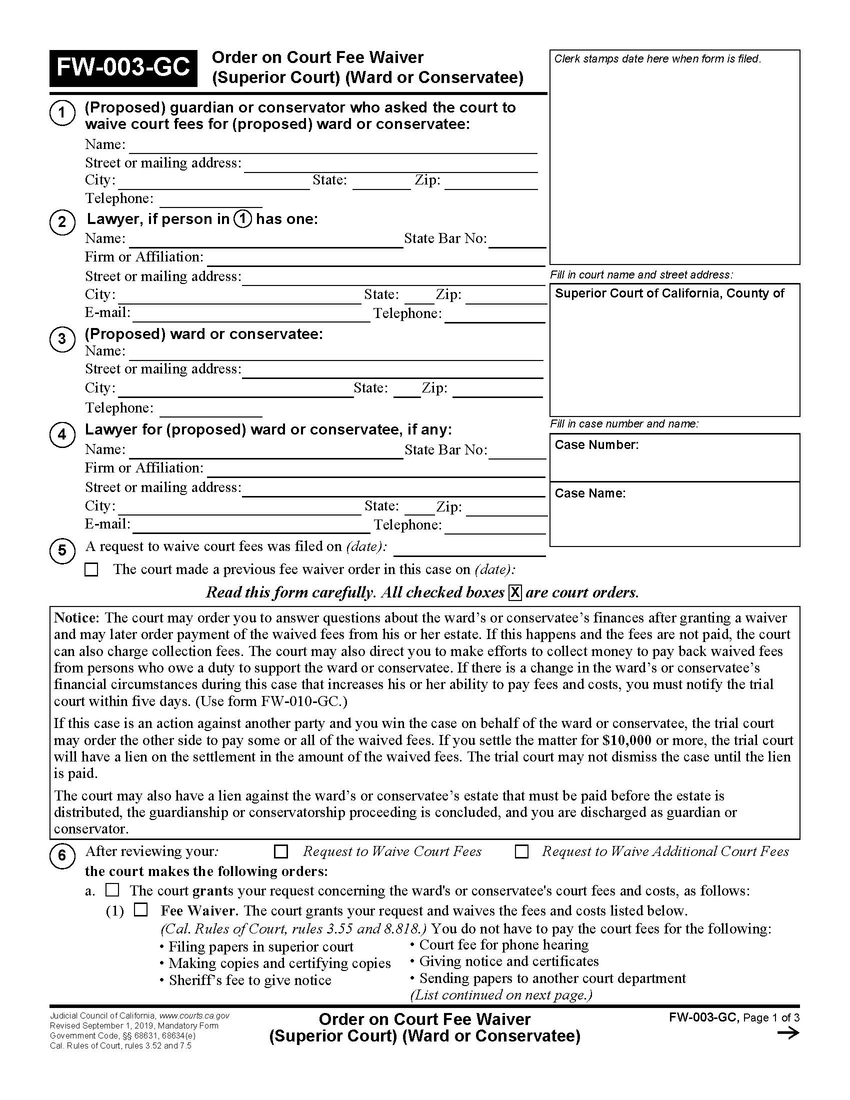 Order On Court Fee Waiver (Superior Court) (Ward Or Conservatee) {FW-003-GC} | Pdf Fpdf Docx | California