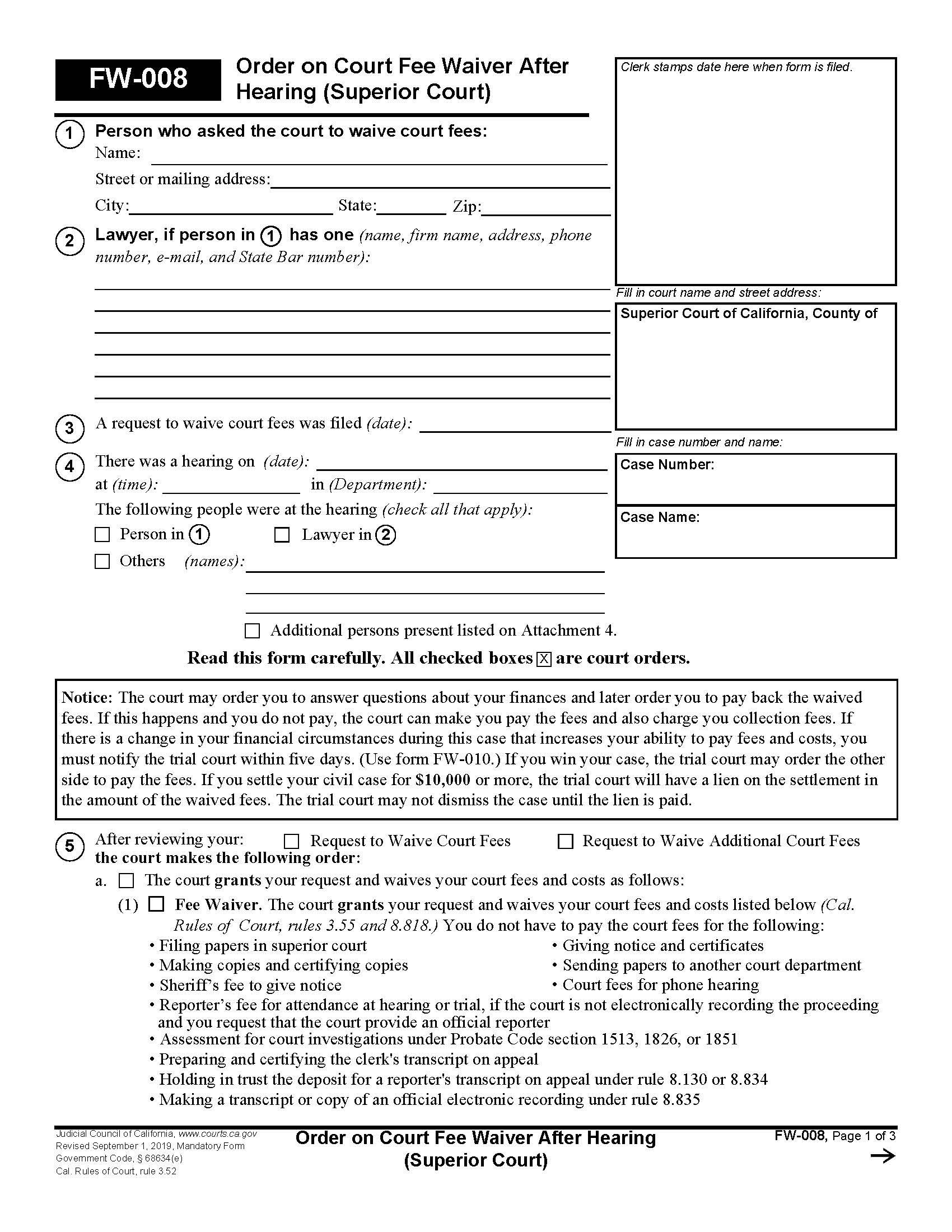 Order On Court Fee Waiver After Hearing (Superior Court) {FW-008} | Pdf Fpdf Docx | California