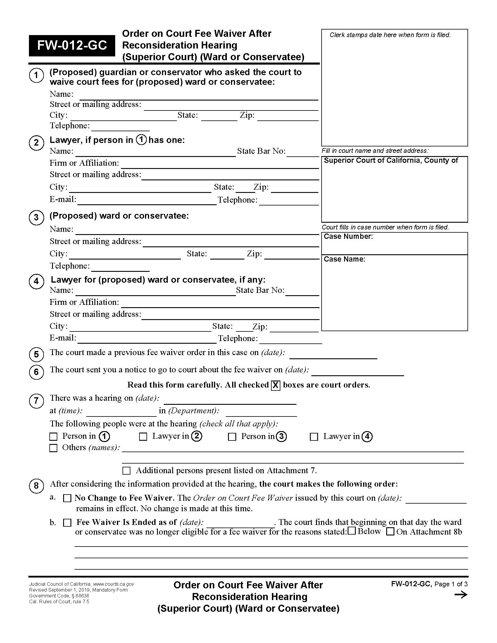 Order On Court Fee Waiver After Reconsideration Hearing (Superior Court) {FW-012-GC} | Pdf Fpdf Docx | California
