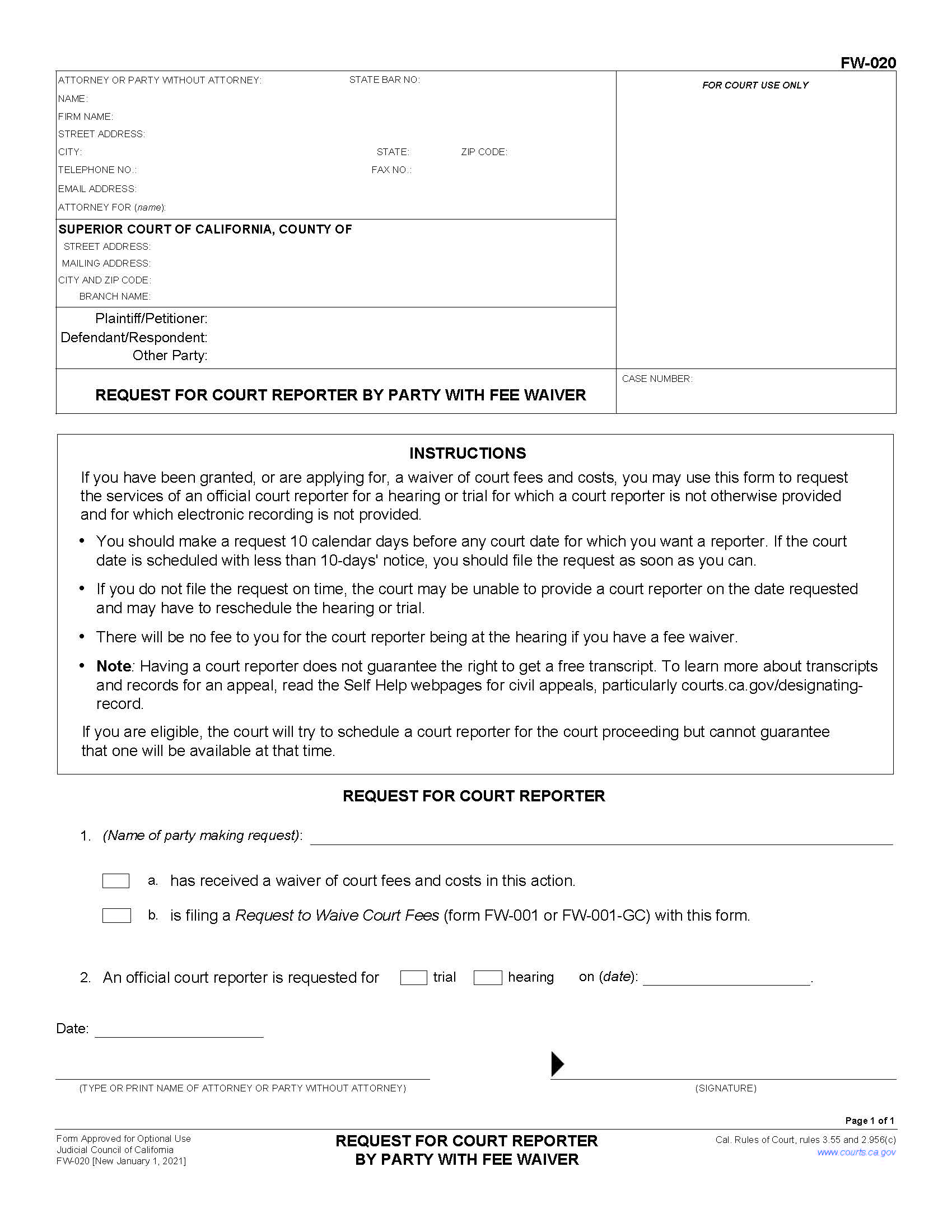 Request For Court Reporter By Party With Fee Waiver {FW-020} | Pdf Fpdf Docx | California