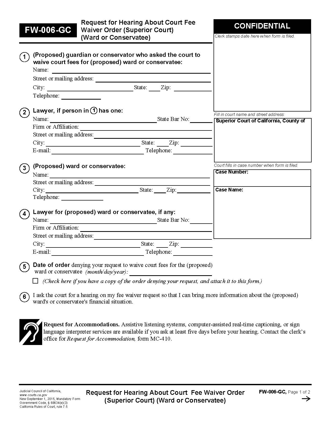 Request For Hearing About Court Fee Waiver Order (Superior Court) {FW-006-GC} | Pdf Fpdf Doc Docx | California