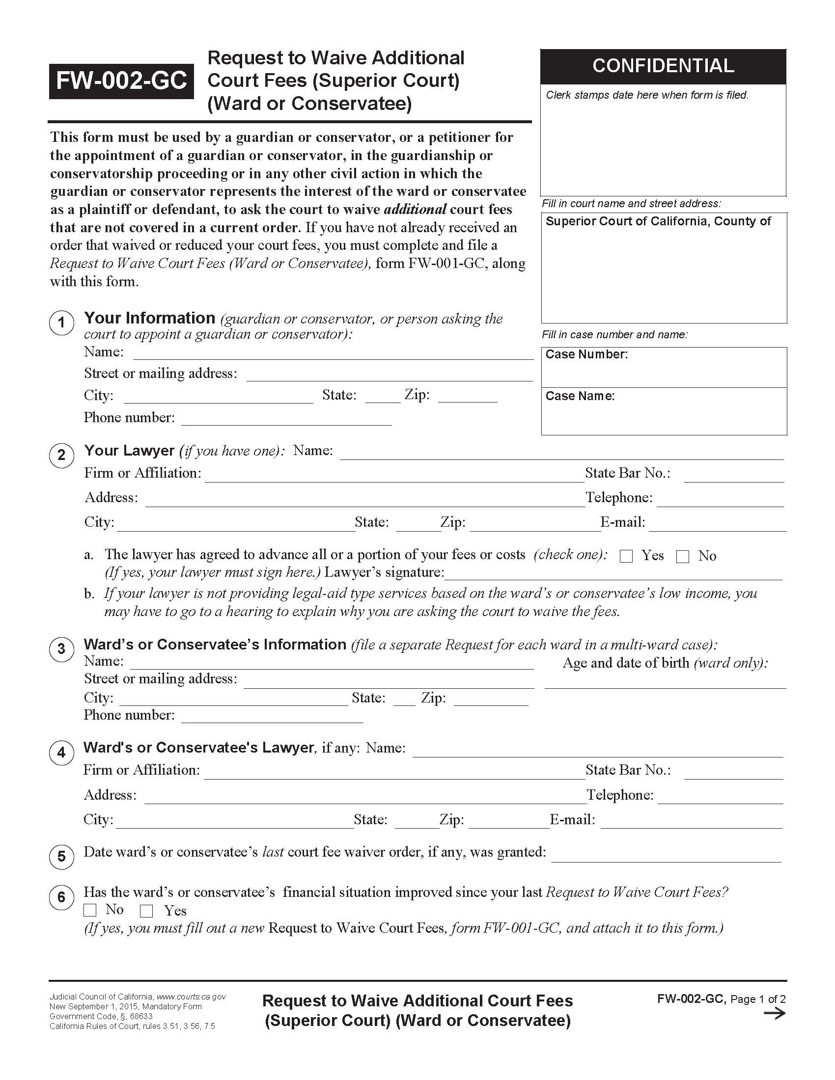 Request To Waive Additional Court Fees (Superior Court) (Ward Or Conservatee) {FW-002-GC} | Pdf Fpdf Doc Docx | California