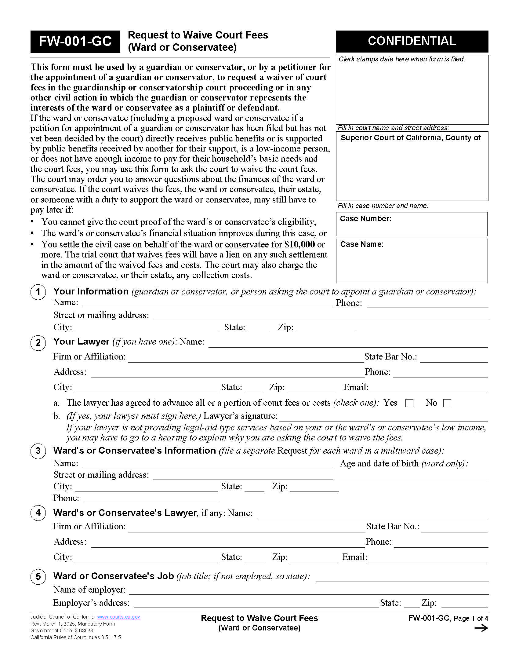 Request To Waive Court Fees (Ward Or Conservatee) (Fee Waiver) {FW-001-GC} | Pdf Fpdf Docx | California