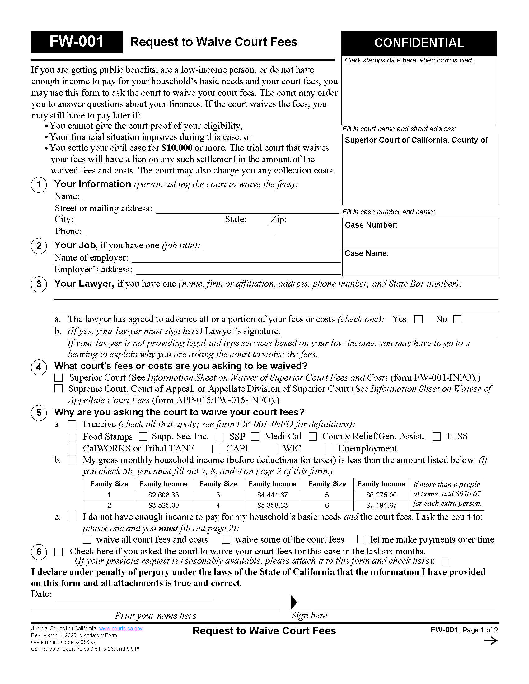 Request To Wave Court Fees (Fee Waiver) {FW-001} | Pdf Fpdf Docx | California