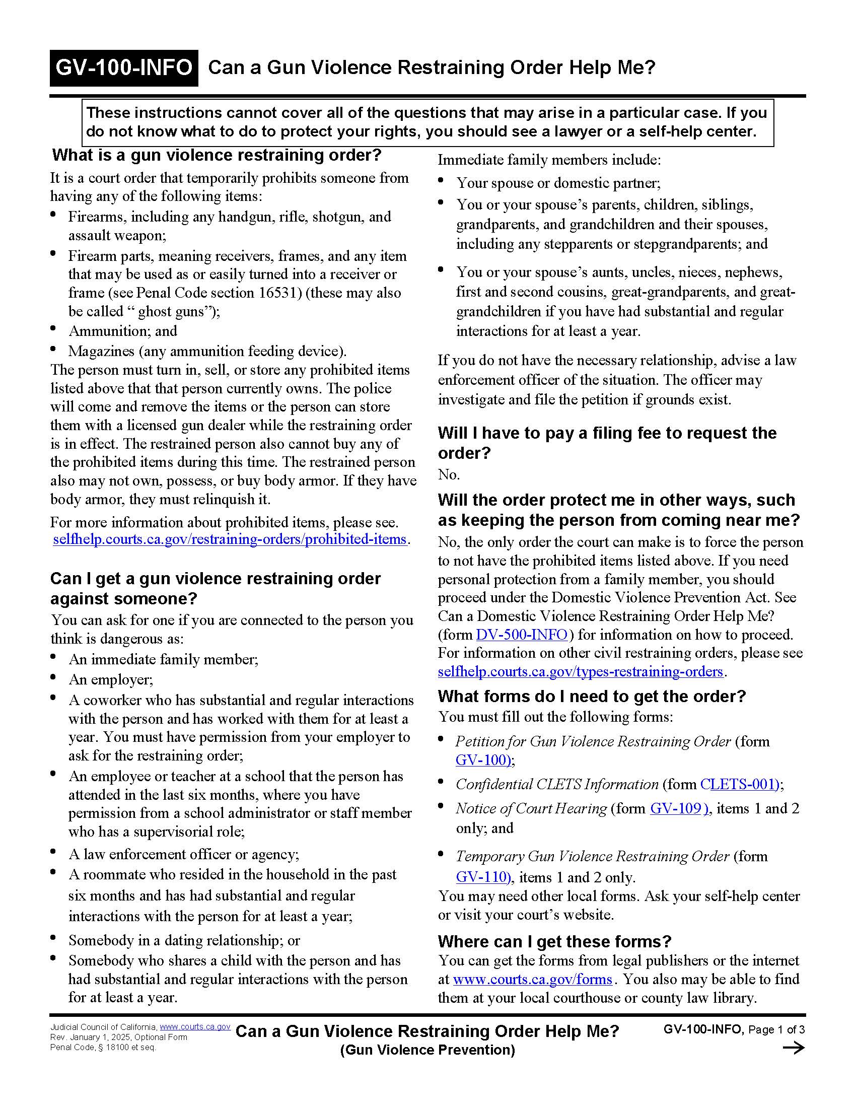 Can A Gun Violence Restraining Order Help Me {GV-100-INFO} | Pdf Fpdf Docx | California