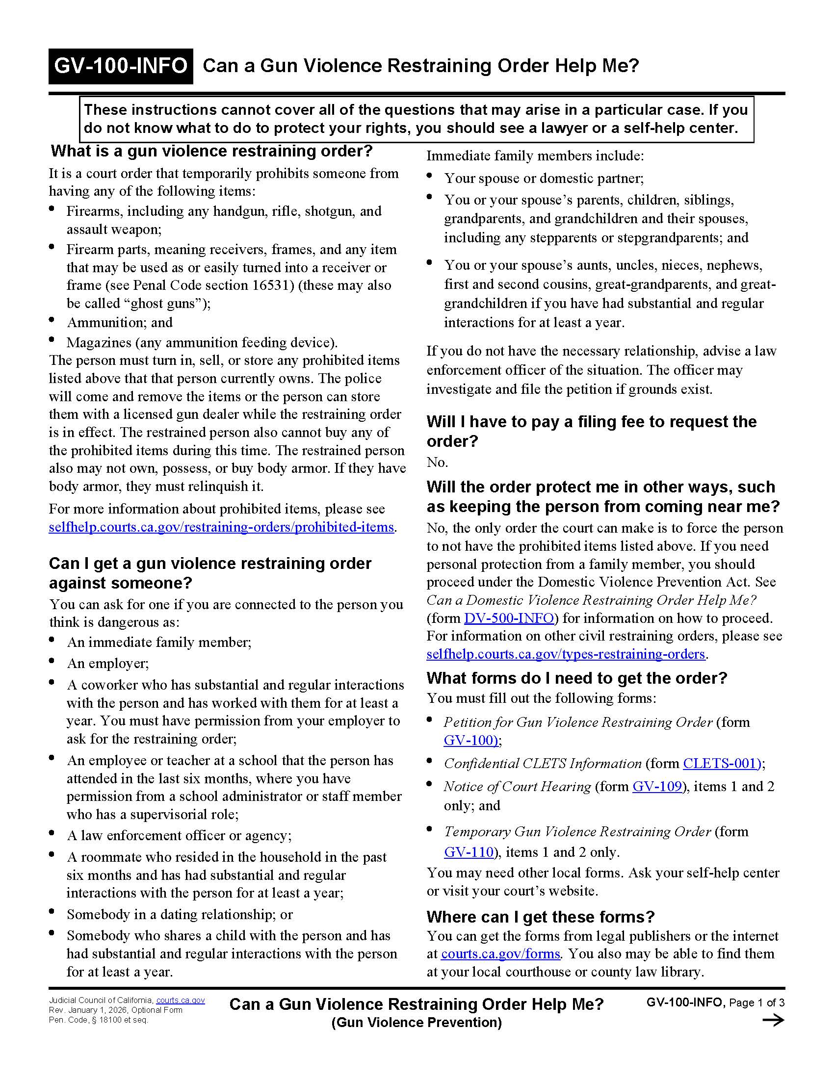 Can A Gun Violence Restraining Order Help Me {GV-100-INFO} | Pdf Fpdf Docx | California
