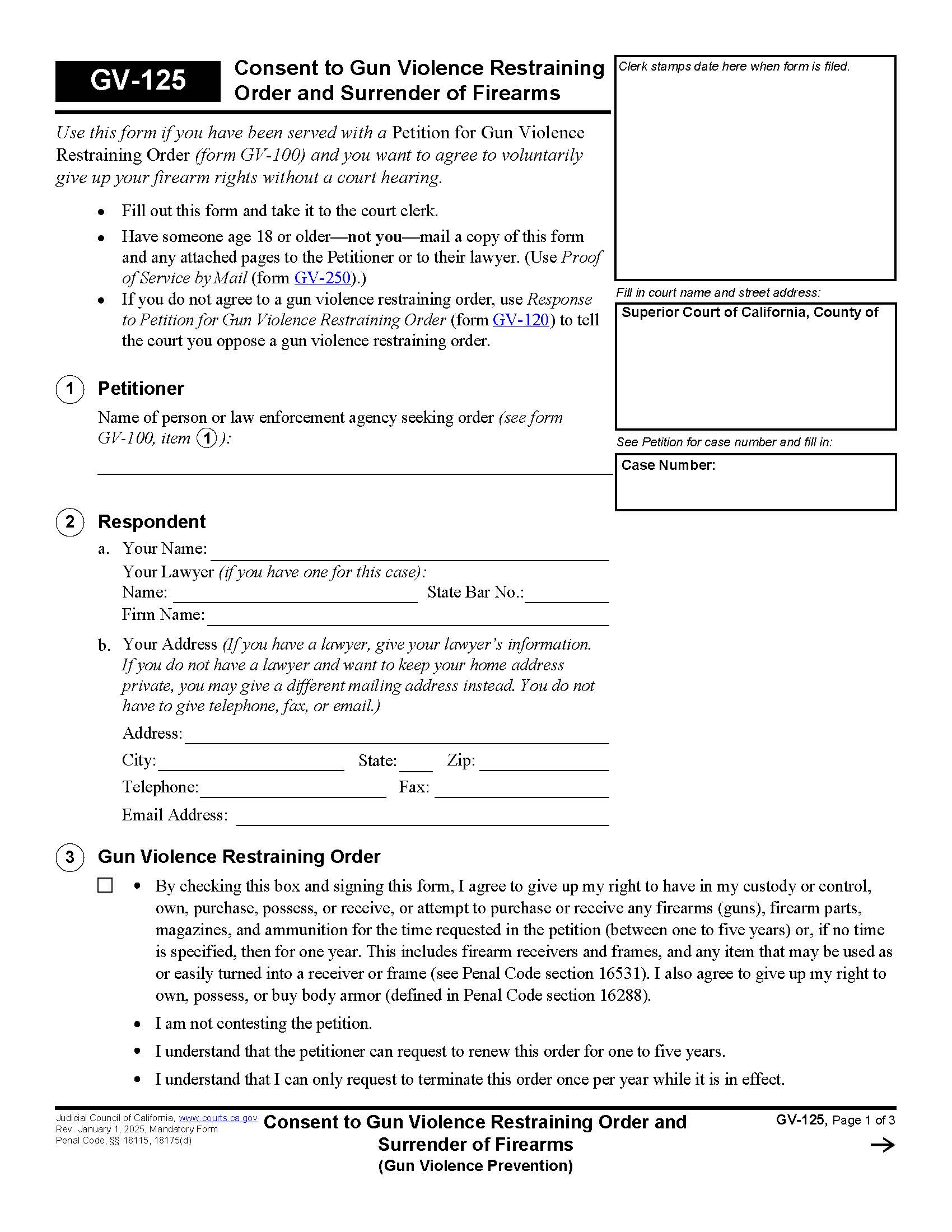 Consent To Gun Violence Restraining Order And Surrender Of Firearms {GV-125} | Pdf Fpdf Docx | California