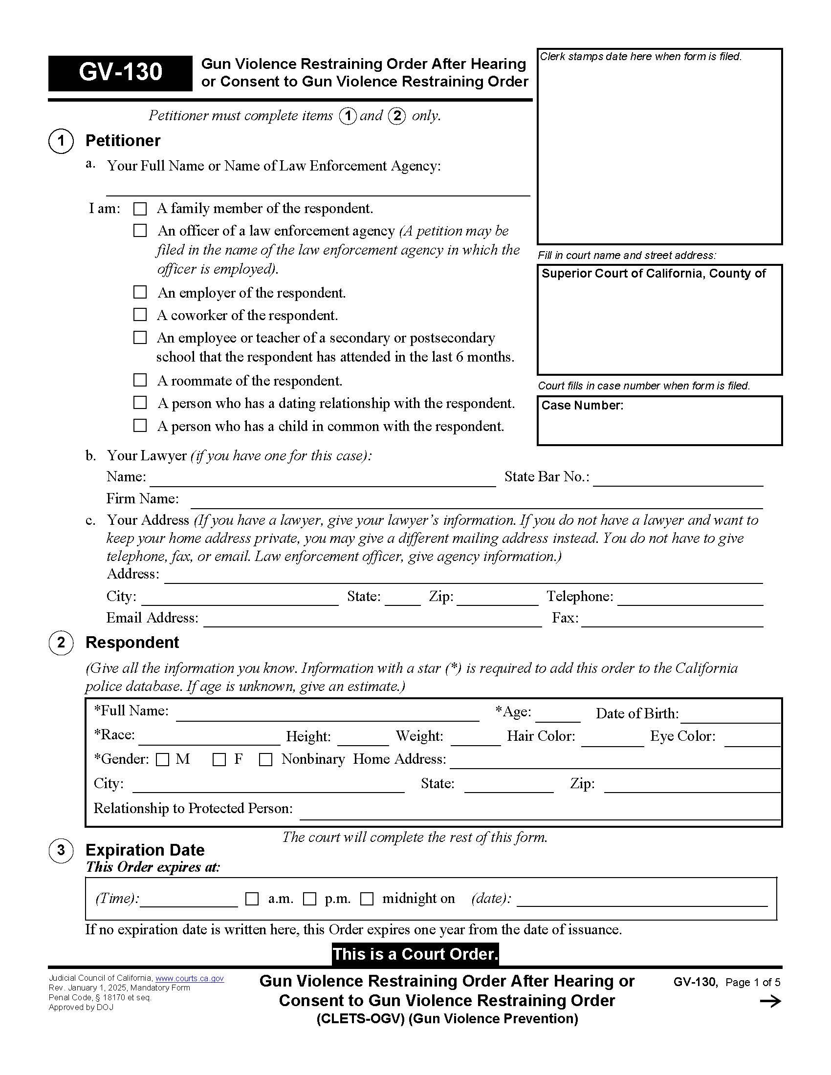 Gun Violence Restraining Order After Hearing {GV-130} | Pdf Fpdf Docx | California