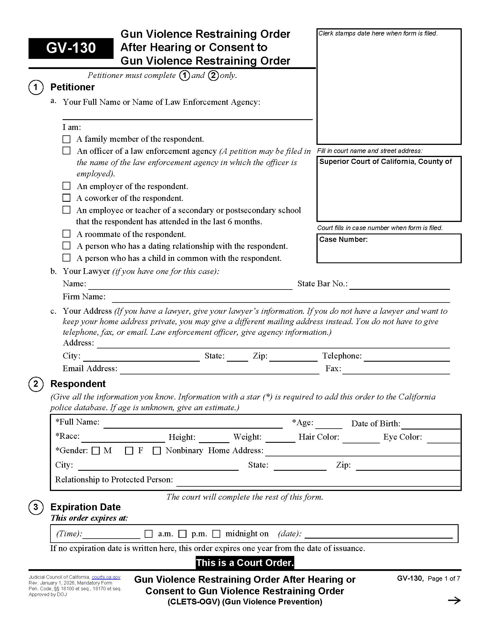 Gun Violence Restraining Order After Hearing {GV-130} | Pdf Fpdf Docx | California