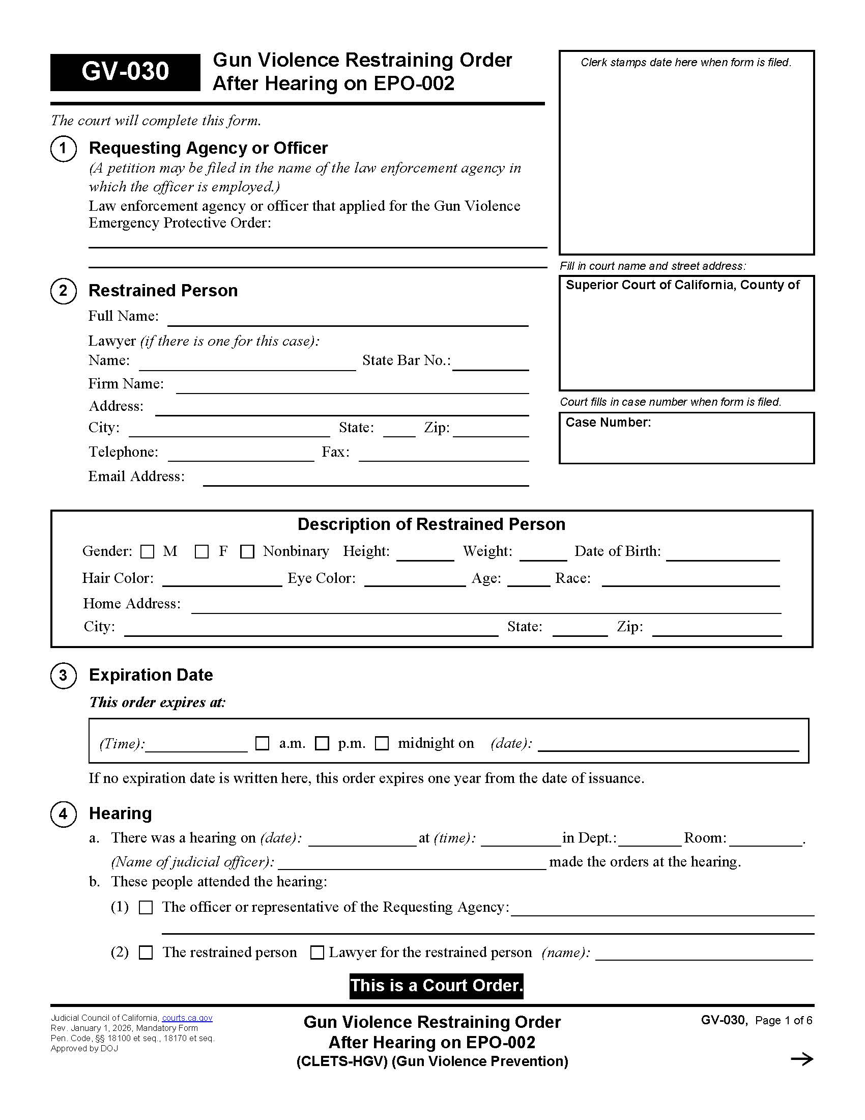 Gun Violence Restraining Order After Hearing On EPO-002 (CLETS-HGV) {GV-030} | Pdf Fpdf Docx | California