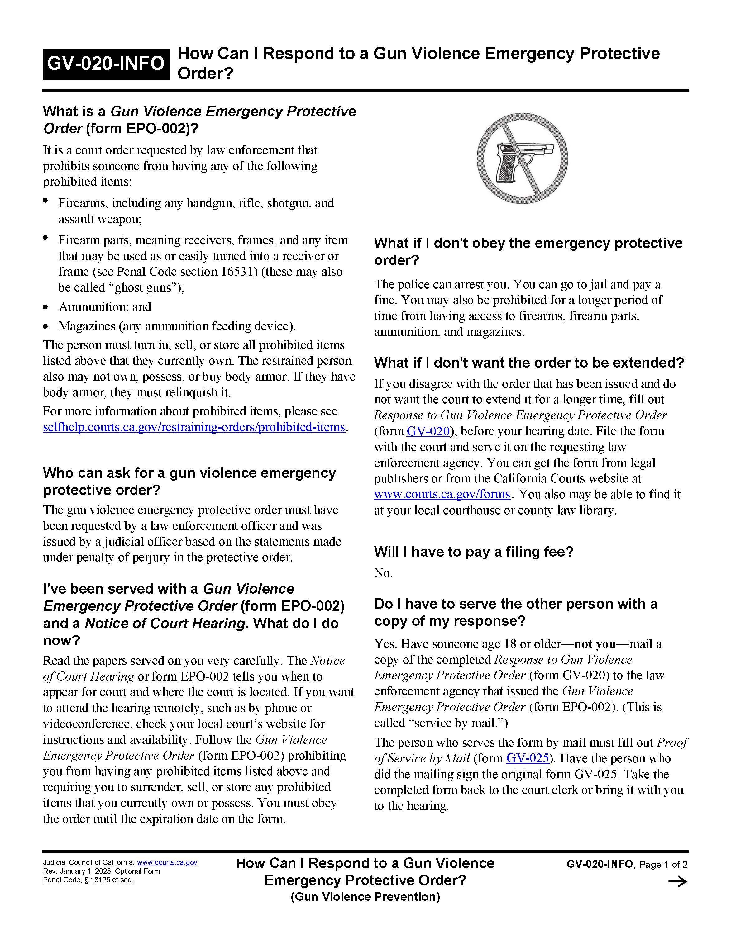 How Can I Respond To A Gun Violence Emergency Protective Order {GV-020-INFO} | Pdf Fpdf Docx | California