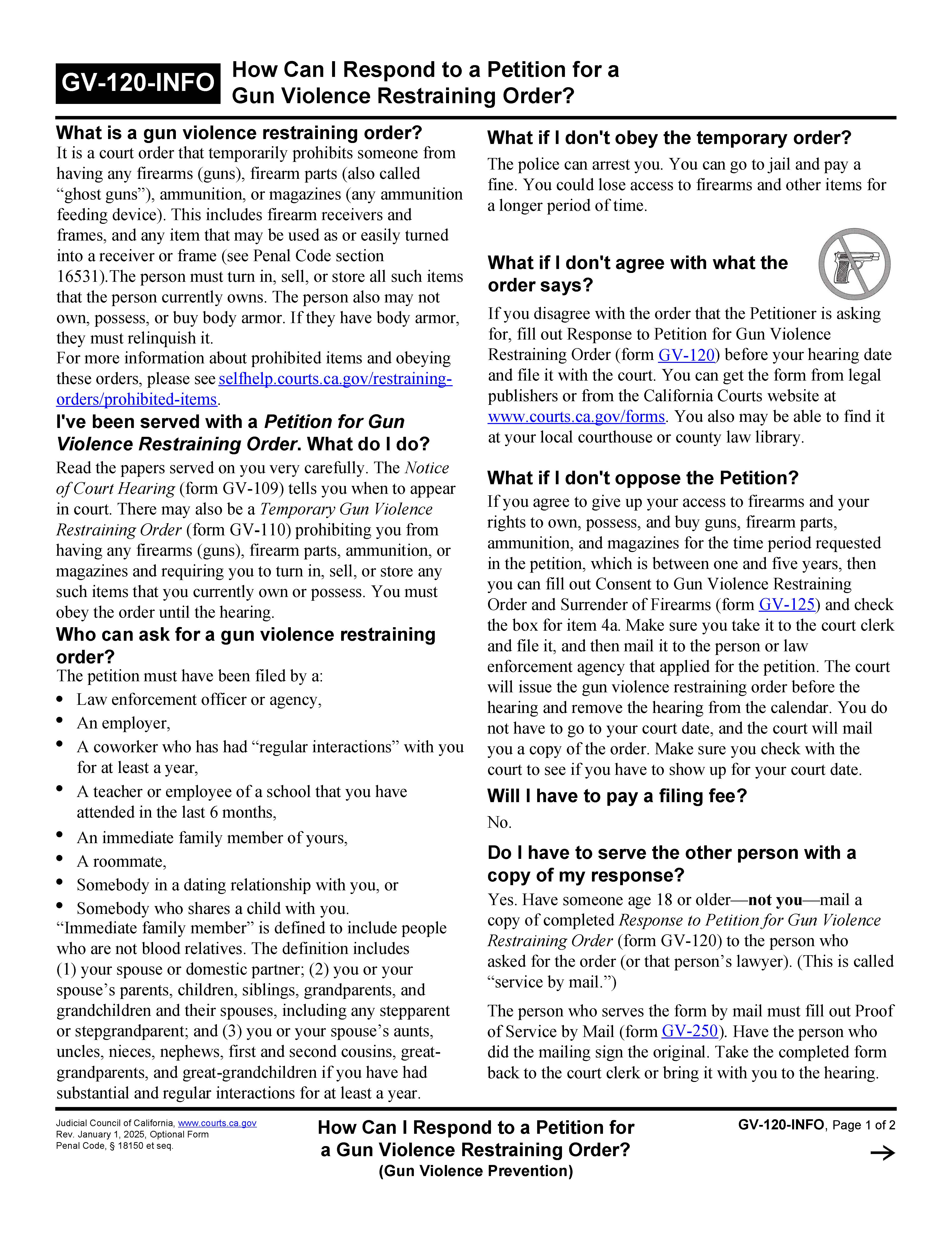 How Can I Respond To A Petition For A Gun Violence Restraining Order {GV-120-INFO} | Pdf Fpdf Docx | California