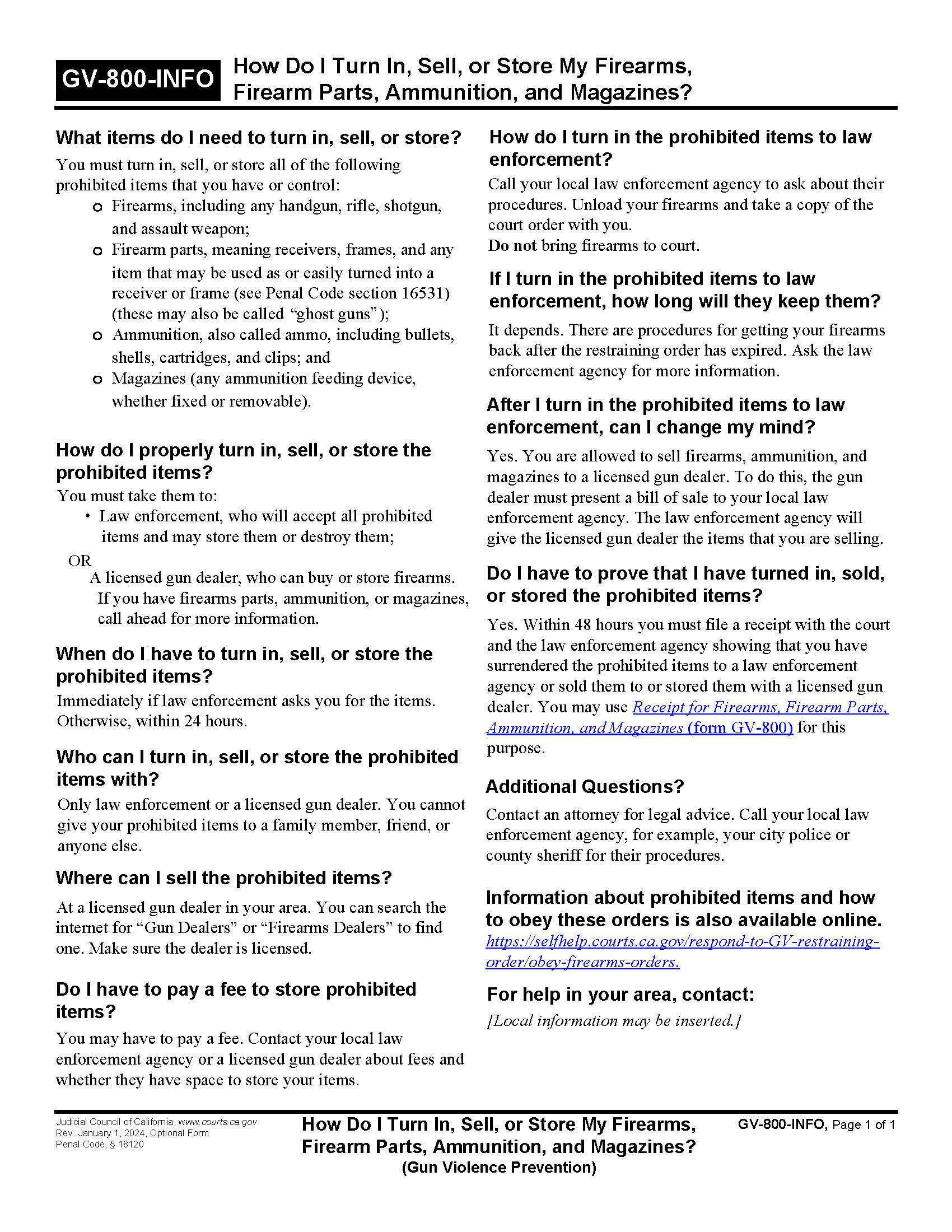 How Do I Turn In Sell Or Store My Firearms {GV-800-INFO} | Pdf Fpdf Docx | California