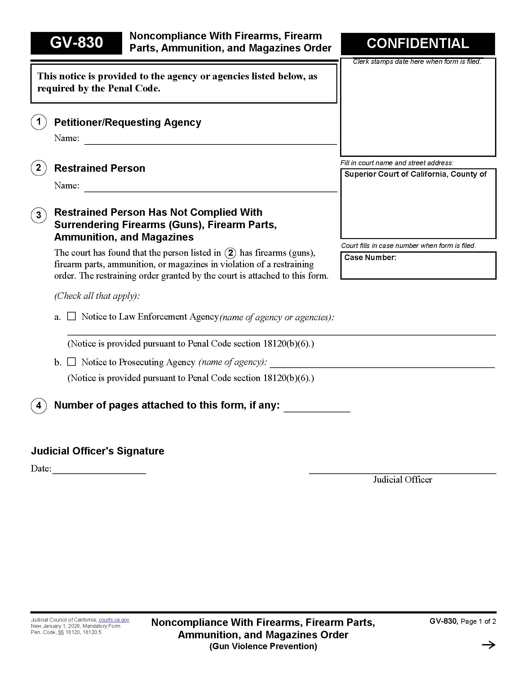 Noncompliance With Firearms Firearm Parts Ammunition And Magazines Order (Gun Violence Prevention) {GV-830} | Pdf Fpdf Docx | California