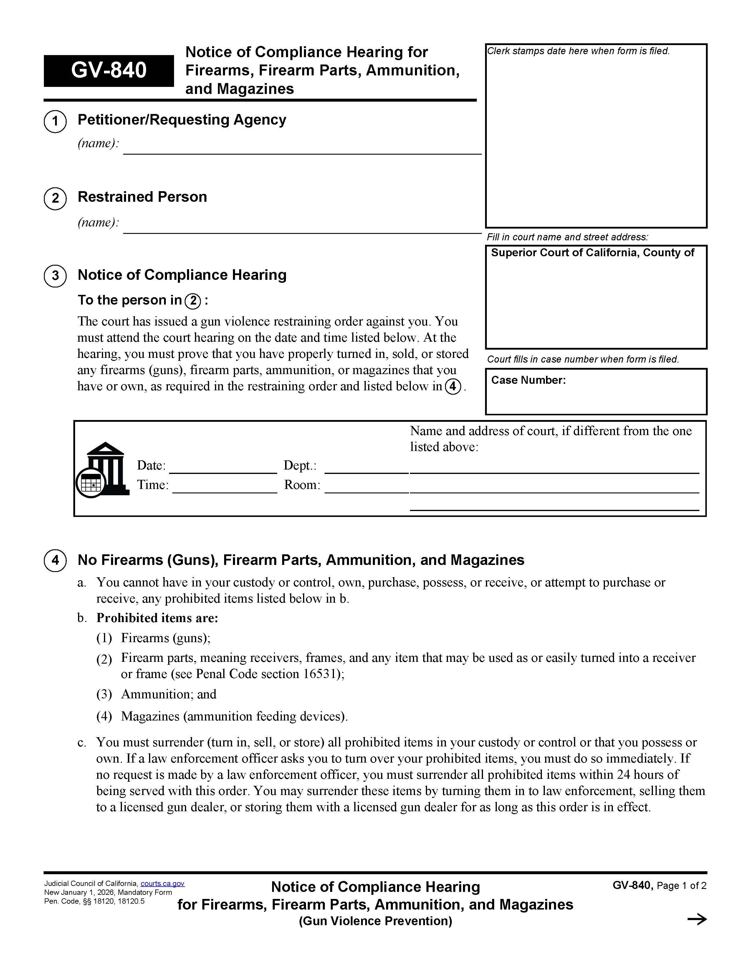 Notice Of Compliance Hearing For Firearms Firearm Parts Ammunition And Magazines {GV-840} | Pdf Fpdf Docx | California