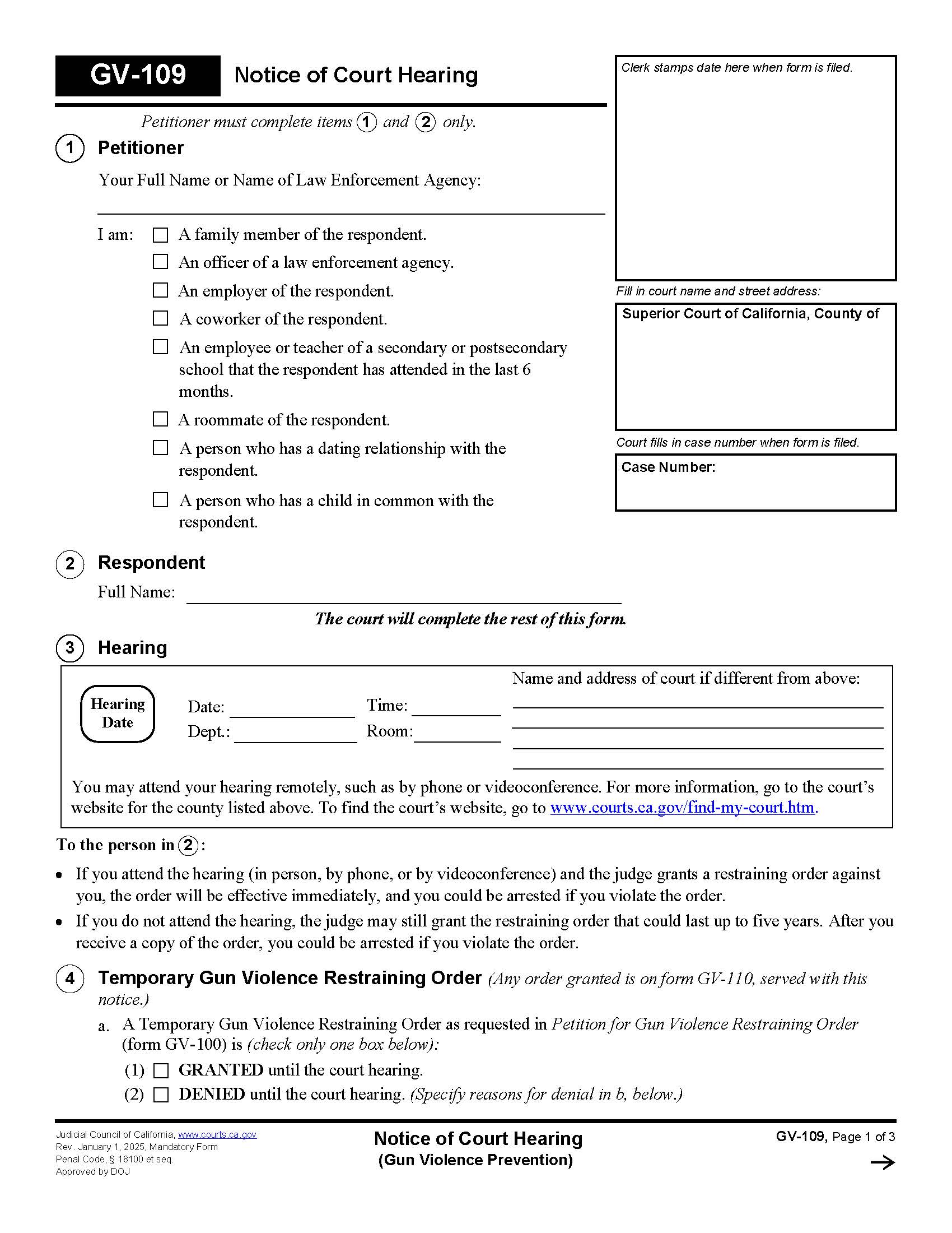 Notice Of Court Hearing {GV-109} | Pdf Fpdf Docx | California