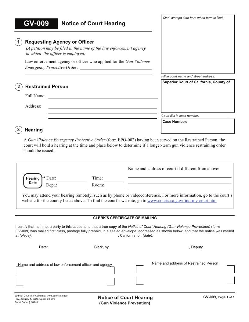 Notice Of Court Hearing (Gun Violence Prevention) {GV-009} | Pdf Fpdf Docx | California