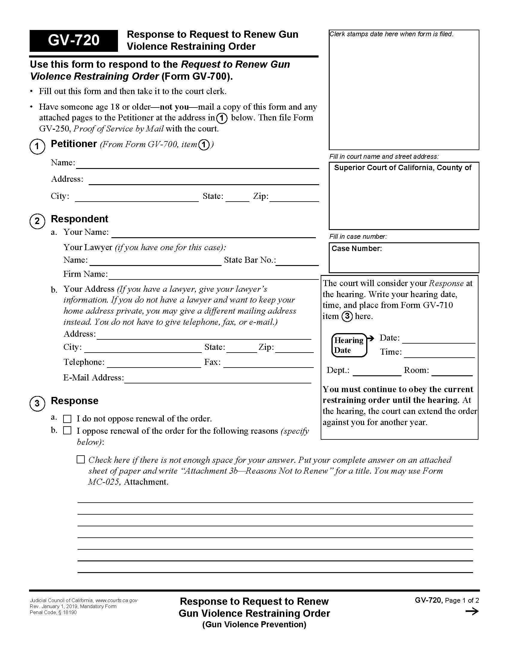 Notice Of Hearing On Request To Renew Gun Violence Restraining Order {GV-720} | Pdf Fpdf Docx | California