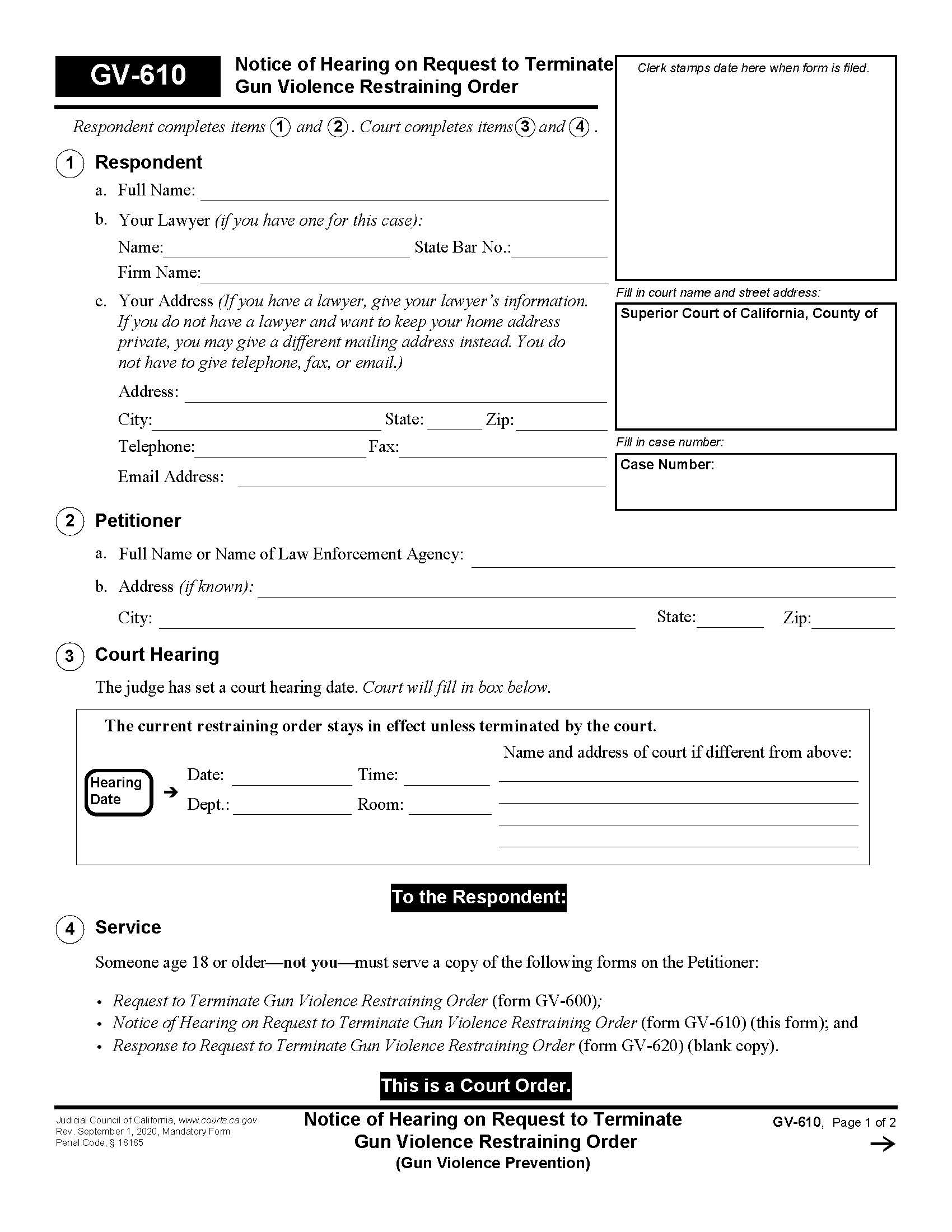 Notice Of Hearing On Request To Terminate Gun Violence Restraining Order {GV-610} | Pdf Fpdf Docx | California