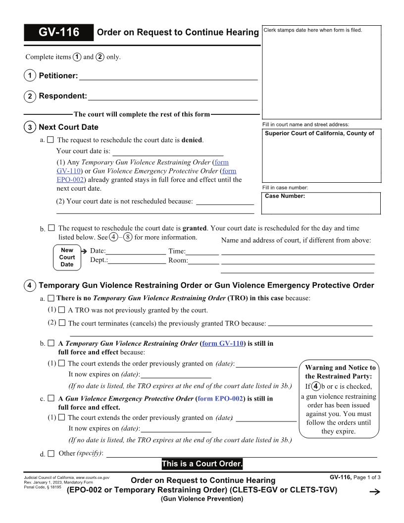Order On Request To Continue Hearing (EPO-002 Or Temporary Restraining Order) {GV-116} | Pdf Fpdf Docx | California