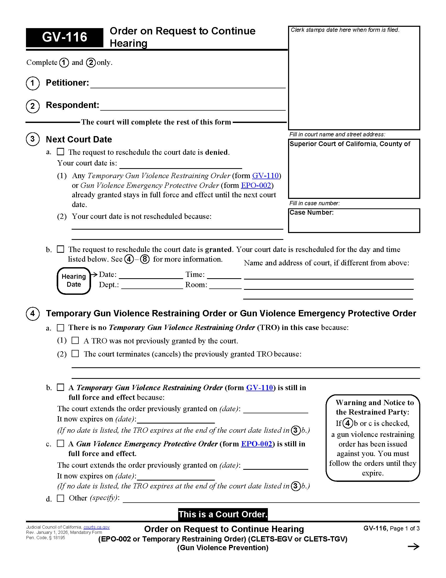 Order On Request To Continue Hearing (EPO-002 Or Temporary Restraining Order) {GV-116} | Pdf Fpdf Docx | California