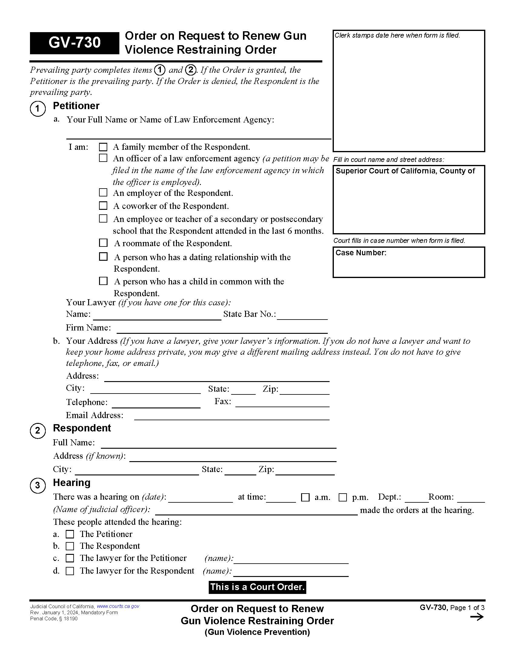 Order On Request To Renew Gun Violence Restraining Orders {GV-730} | Pdf Fpdf Docx | California