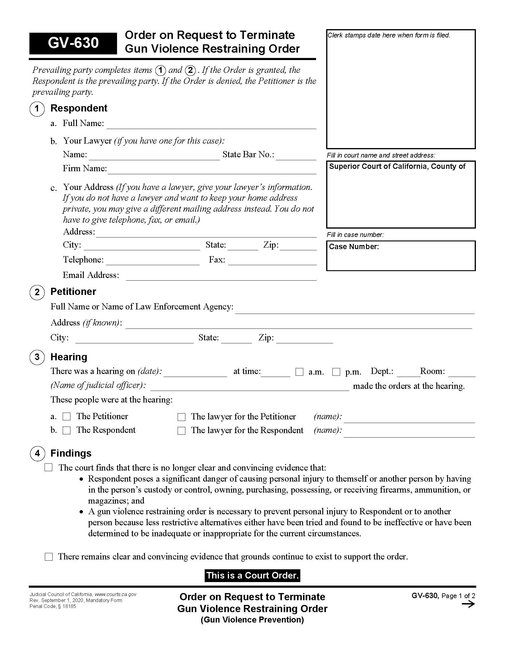 Order On Request To Terminate Gun Violence Restraining Order {GV-630} | Pdf Fpdf Docx | California