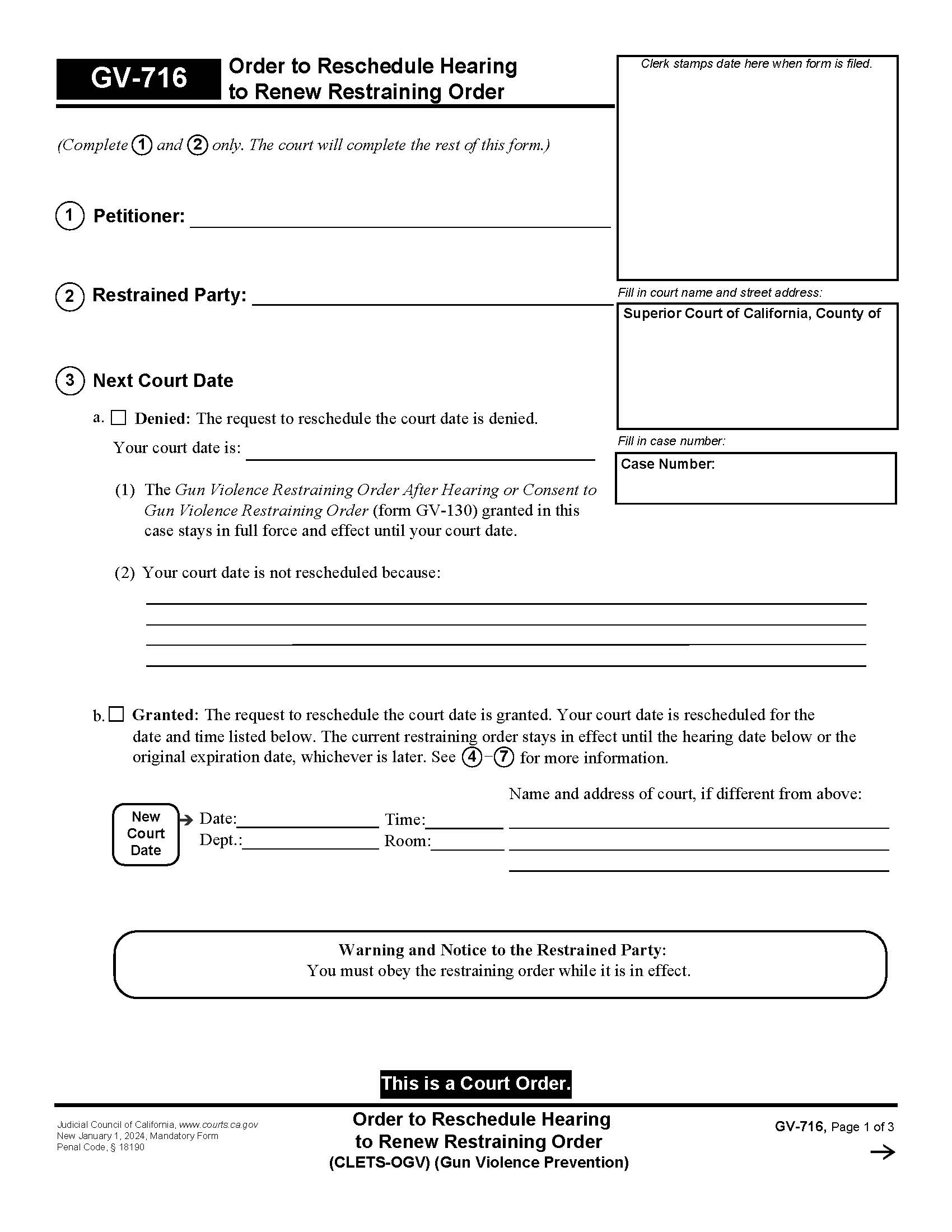 Order To Reschedule Hearing To Renew Restraining Order {GV-716} | Pdf Fpdf Docx | California